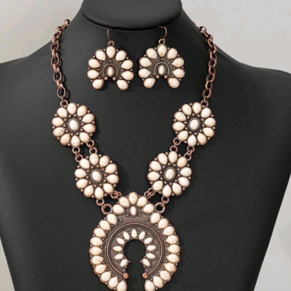 Boutique Rose Gold-Tone Cream Floral Statement Necklace & Earring Set
